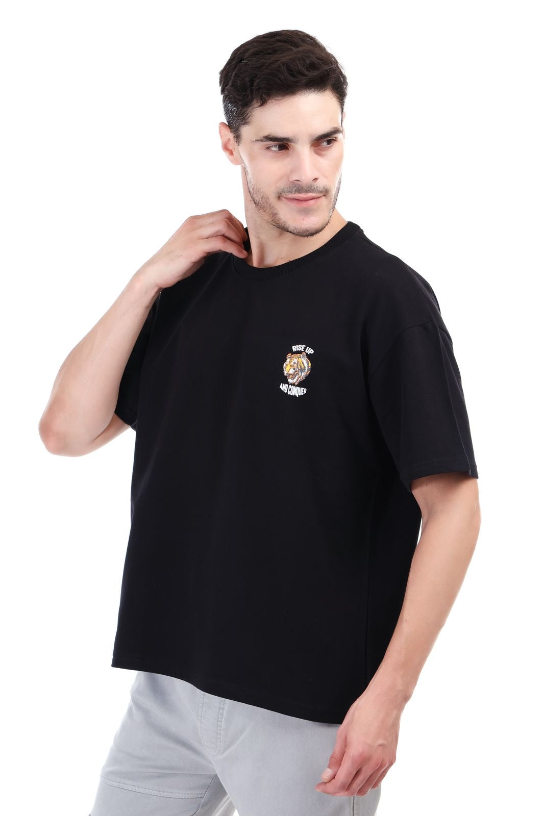 KALESH rising tiger black unisex drop shoulder tshirt