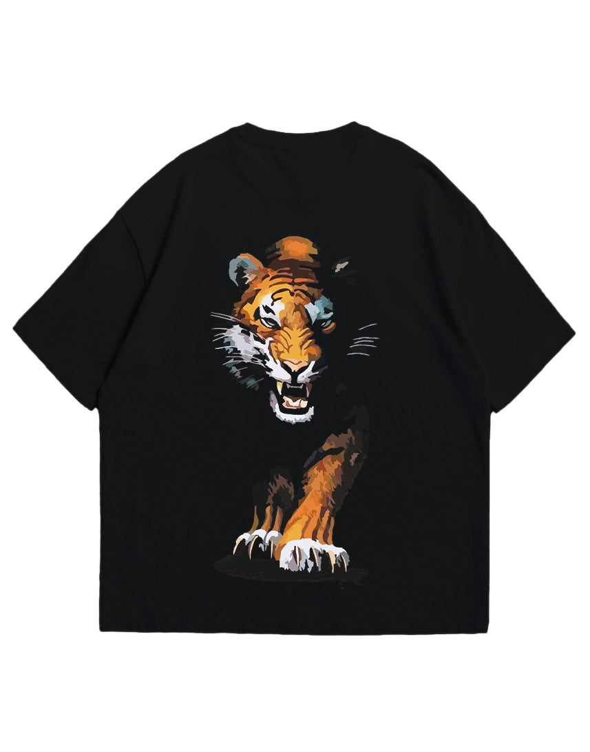 KALESH rising tiger black unisex drop shoulder tshirt