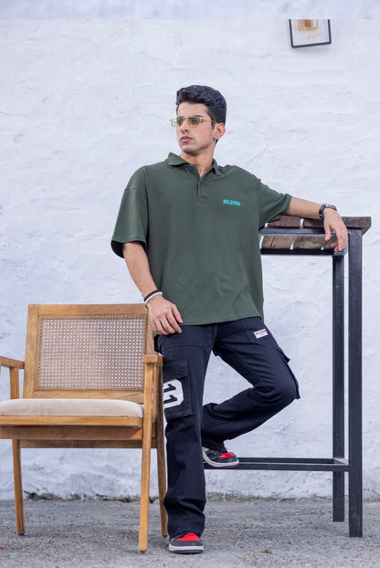 3Eleven Olive Green Back Print Drop shoulder POLOS