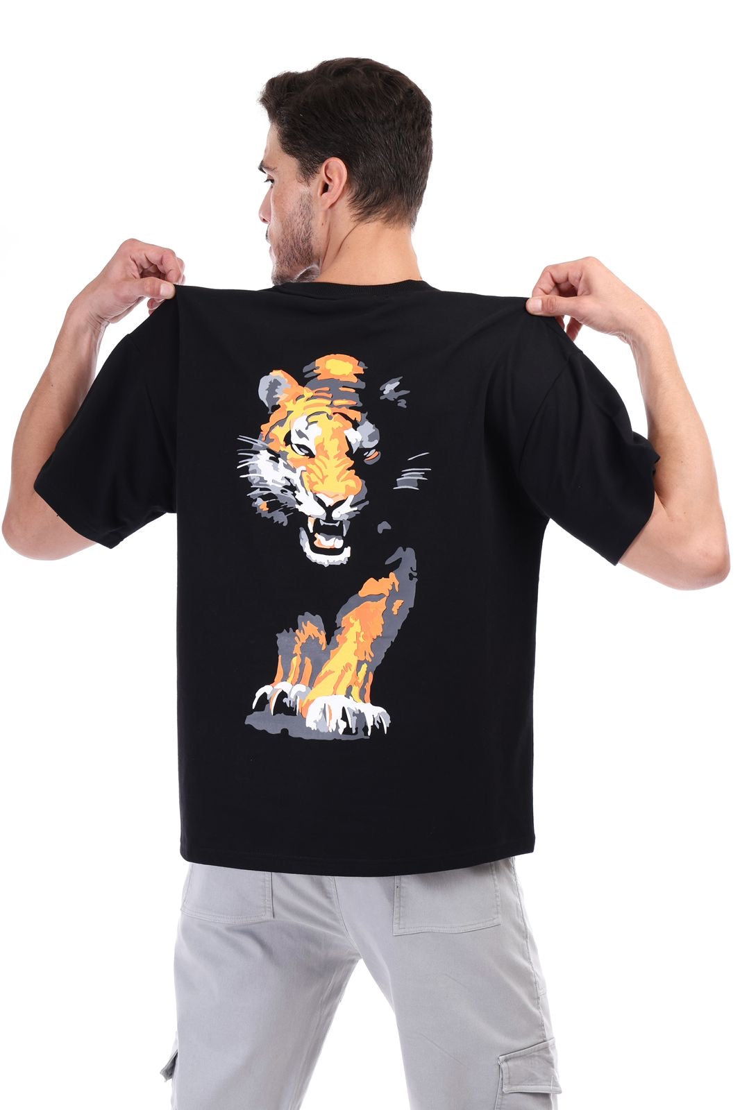 KALESH rising tiger black unisex drop shoulder tshirt