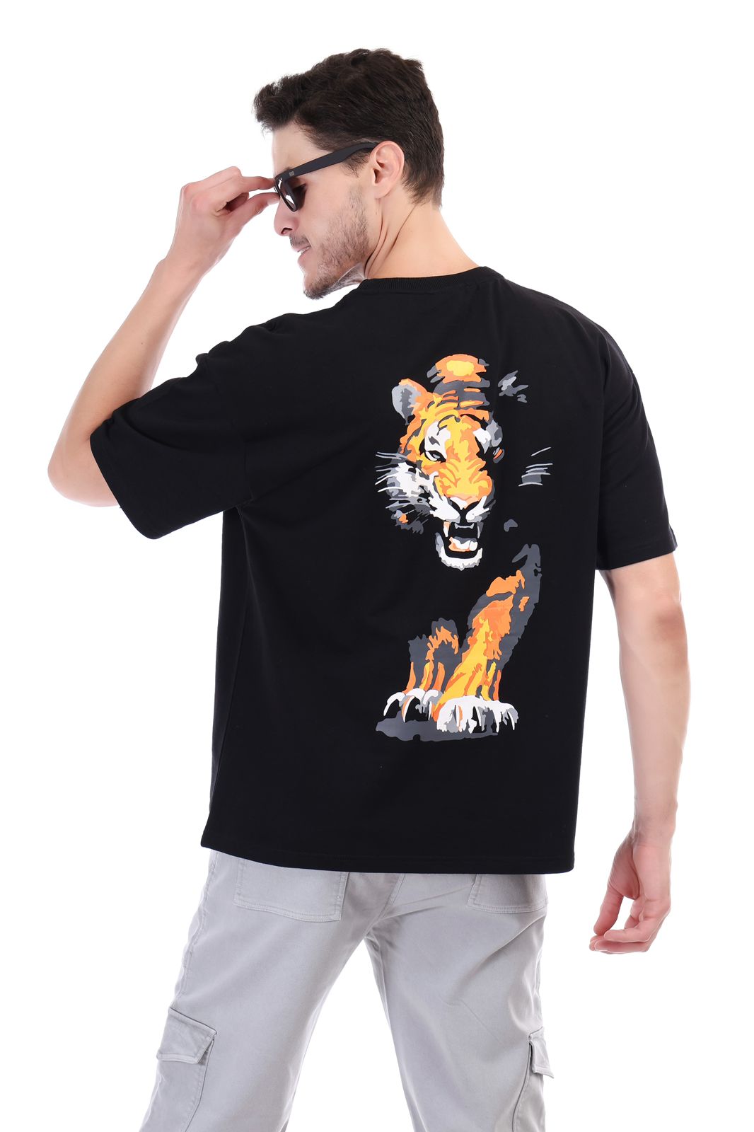 KALESH rising tiger black unisex drop shoulder tshirt