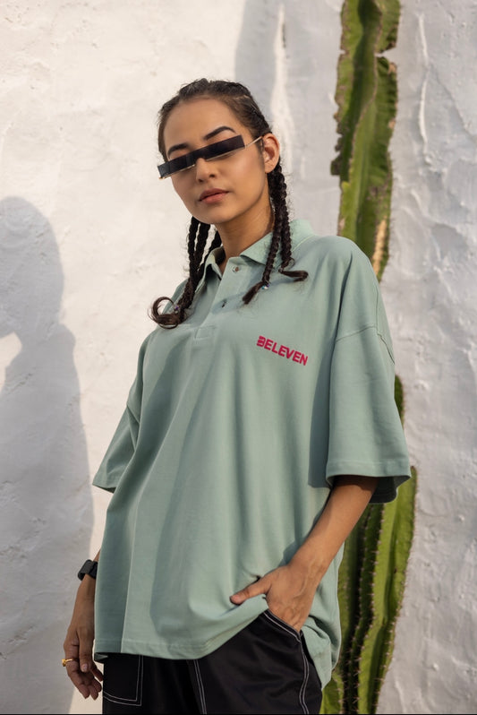 3Eleven Sea Green Back Print Drop shoulder POLOS